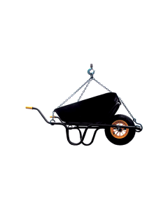 Black wheelbarrow with orange wheel and all-terrain tyres, being hoisted using wheelbarrow chains. 