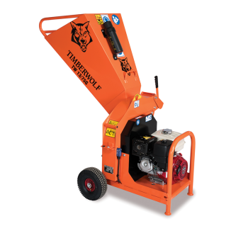 Orange Timberwolf TW 13/75G Wood Chipper with Honda petrol engine and black wheels. A graphic of a wolf's head appears on the front and side profiles of the feed funnel. 